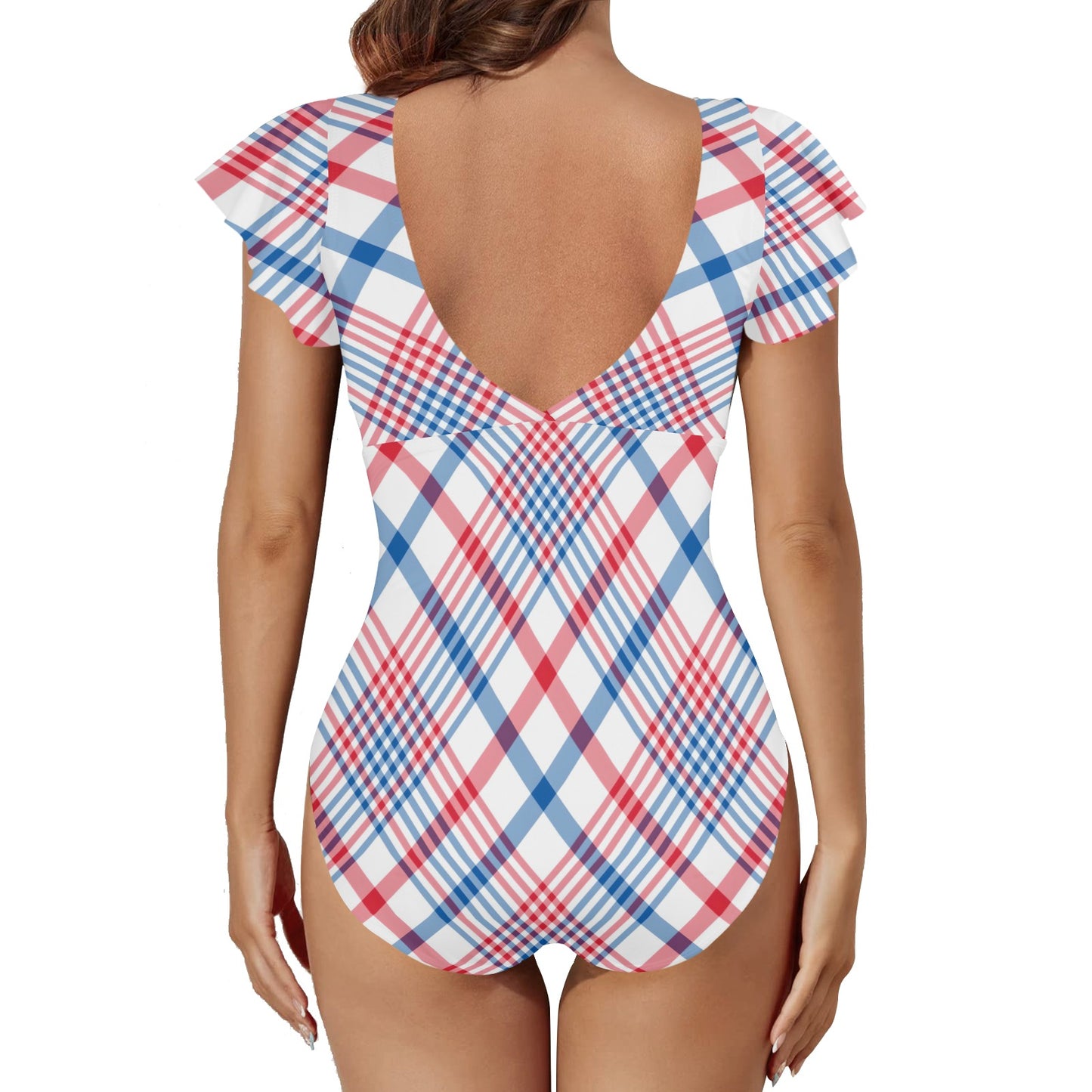 USA/American Flag Inspired Plaid Pattern Women's Twist Front Ruffle Sleeve Swimsuit