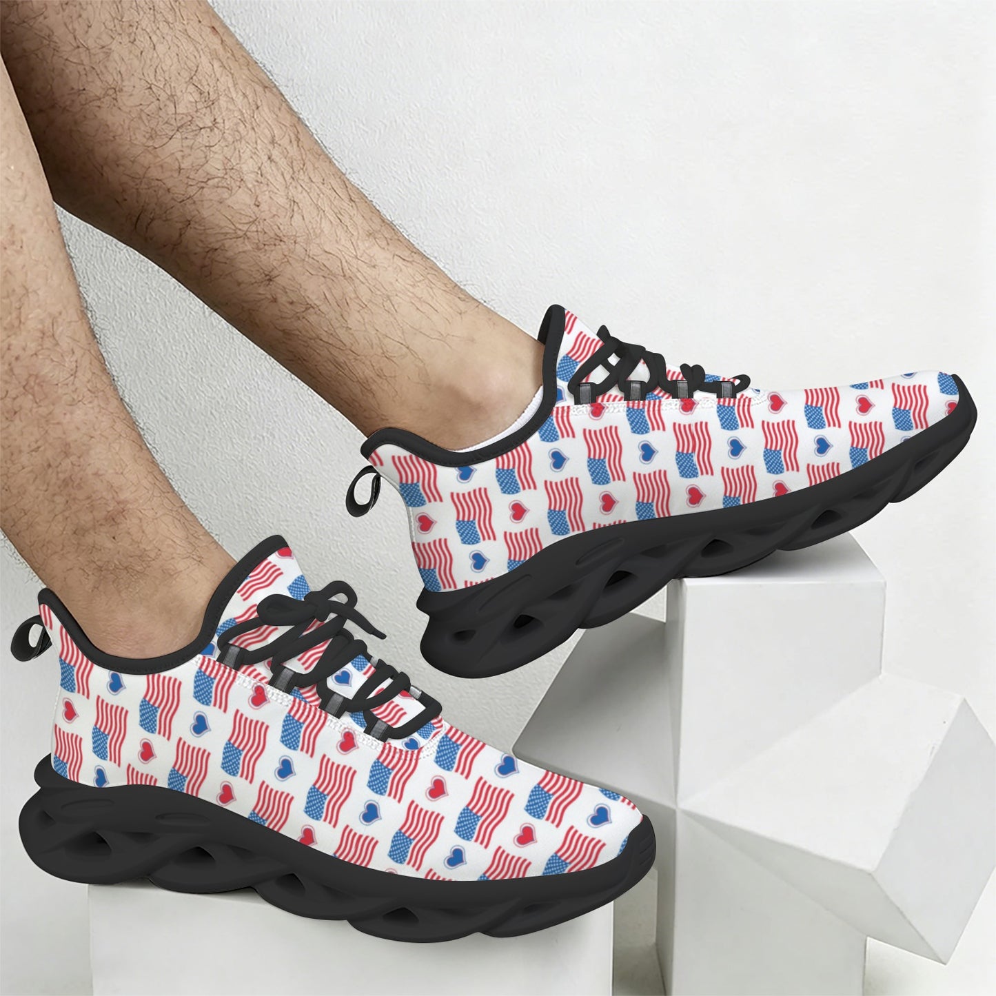 USA/American Flag Inspired Flag and Hearts Pattern Men's Twisted Sole Sneakers