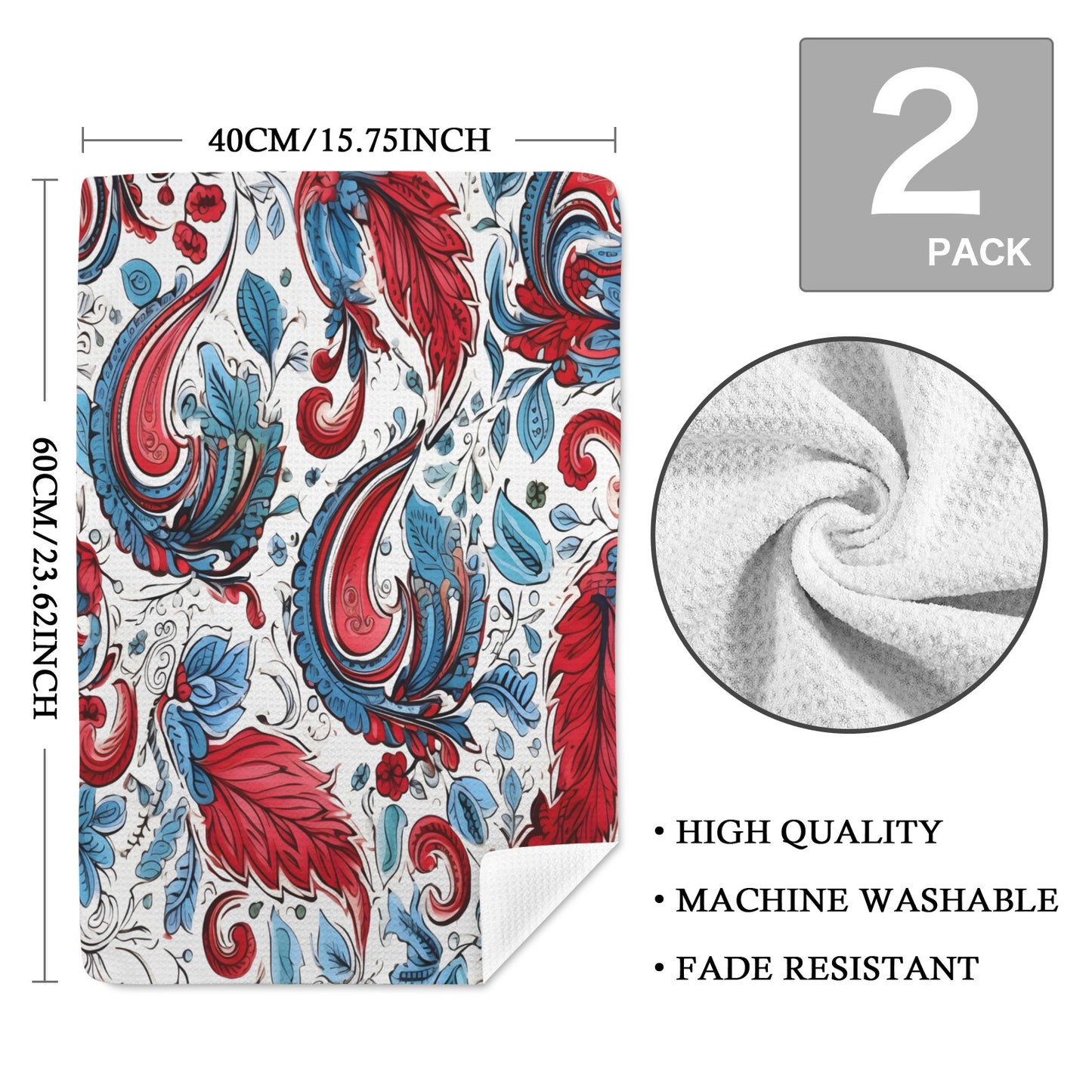 USA/American Flag Inspired Floral Pattern Kitchen Towel 40X60cm (Pack of 2) (Made in the USA)