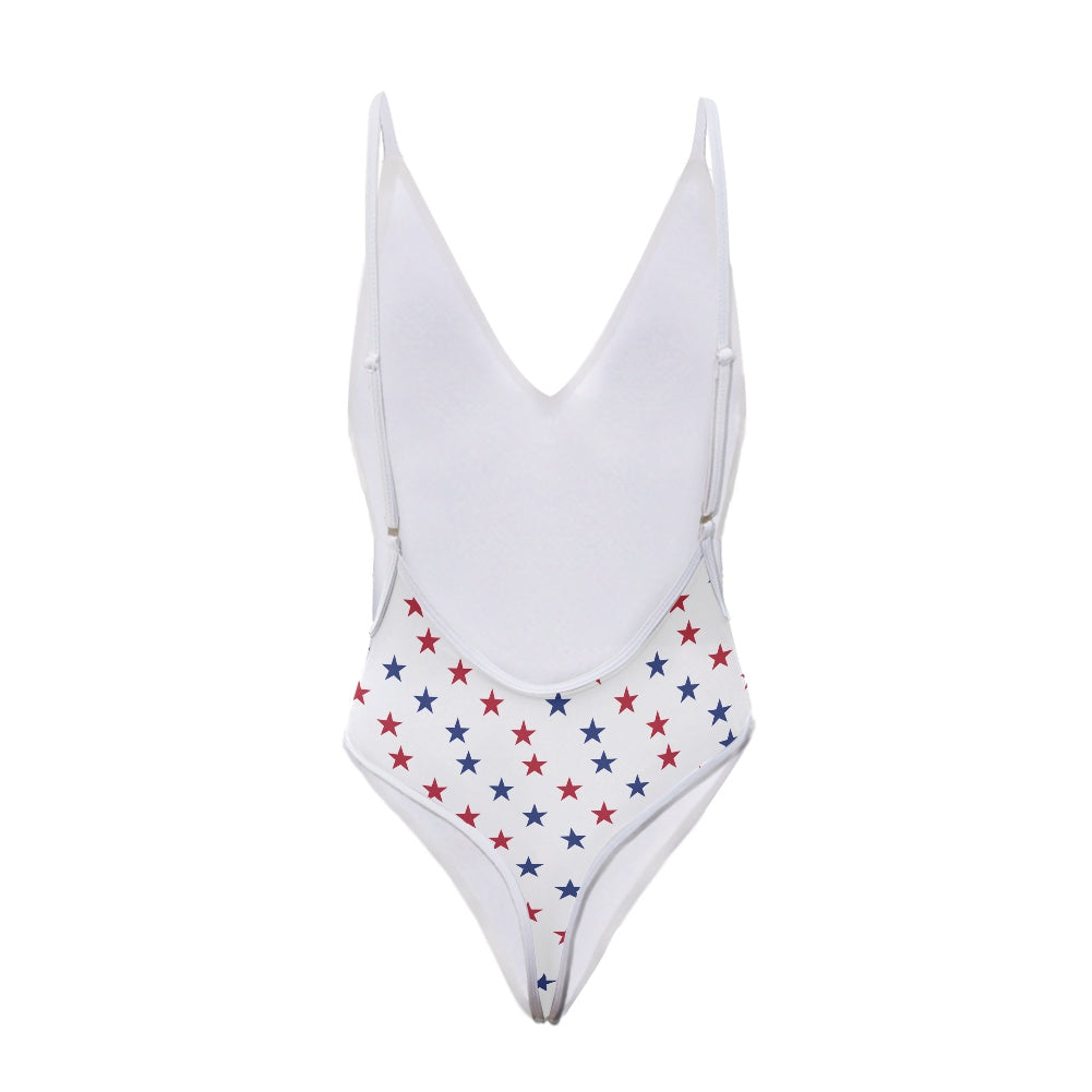 USA/American Flag Inspired Red and Blue Stars Pattern One-Piece Thong Swimsuit