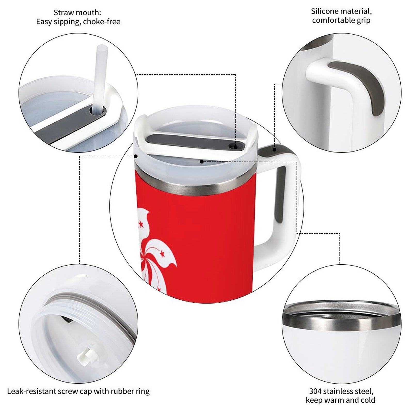 [Brand] insulated mug with silicone handle, stainless steel body.