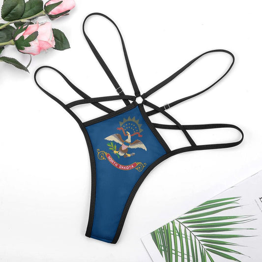 [Brand] North Dakota-themed strappy blue and black thong.