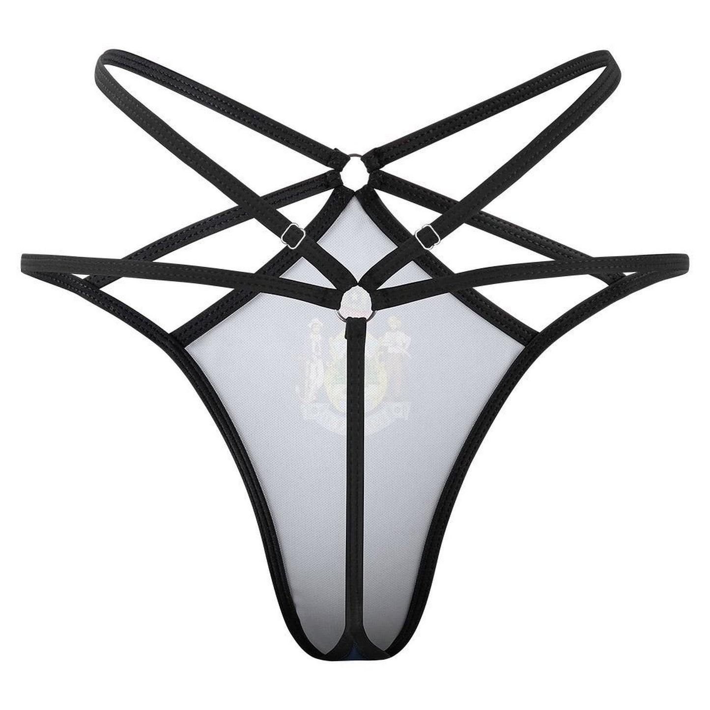 Black strappy lingerie thong by [Brand], featuring geometric patterns.