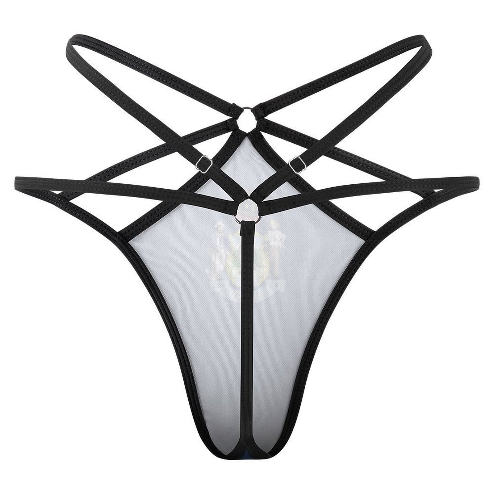 Black strappy lingerie thong by [Brand], featuring geometric patterns.
