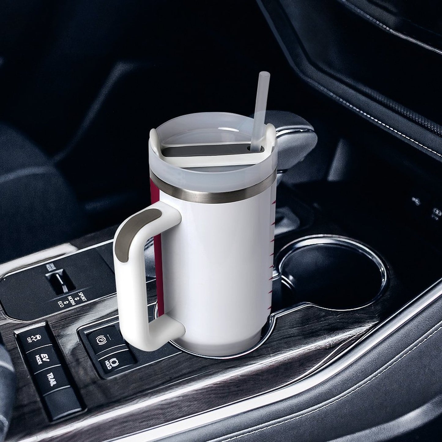 [Brand] insulated mug with handle in car cup holder.