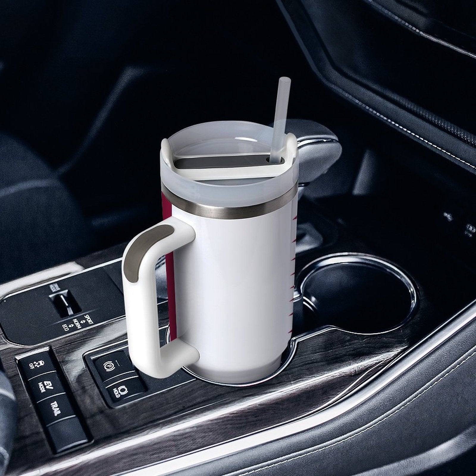 [Brand] insulated mug with handle in car cup holder.