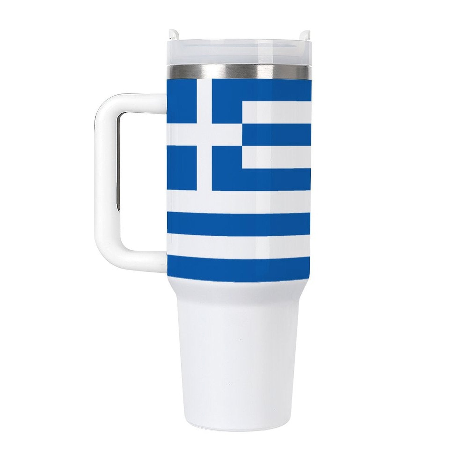 [Brand] mug with Greek flag design, white handle.