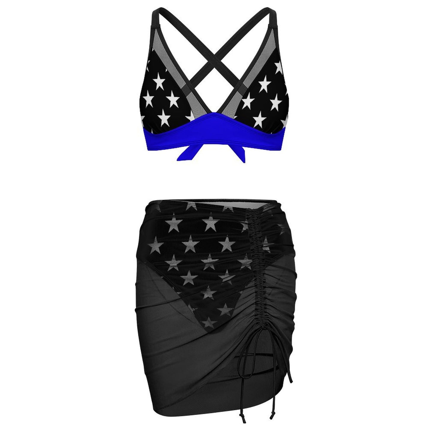 Thin Blue Line Flag Inspired Style-2 Women's Mesh Drawstring Skirt and Swimsuit Set