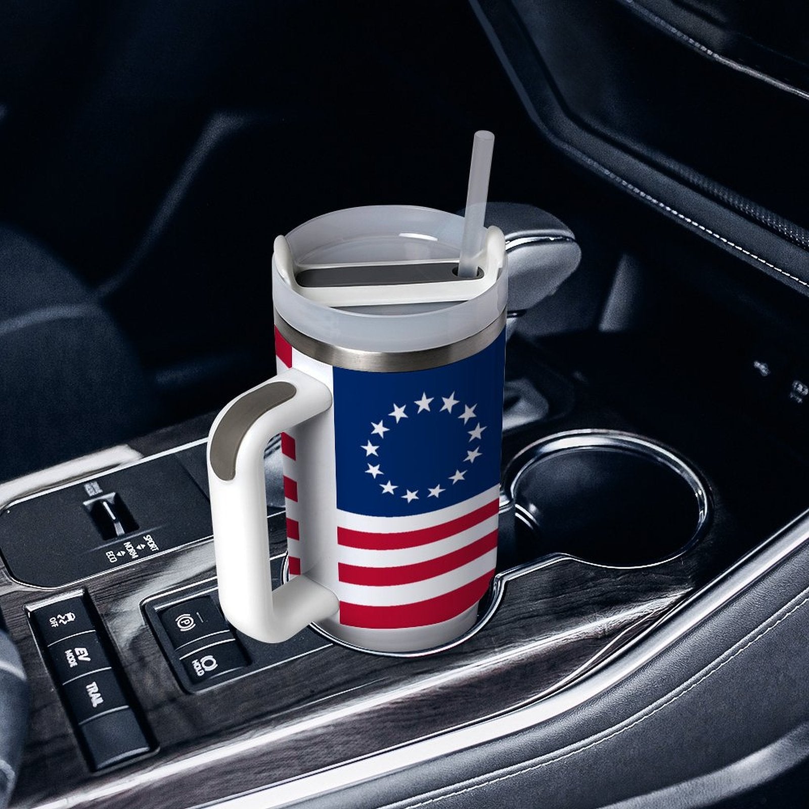[Brand] mug with American flag in car cup holder.