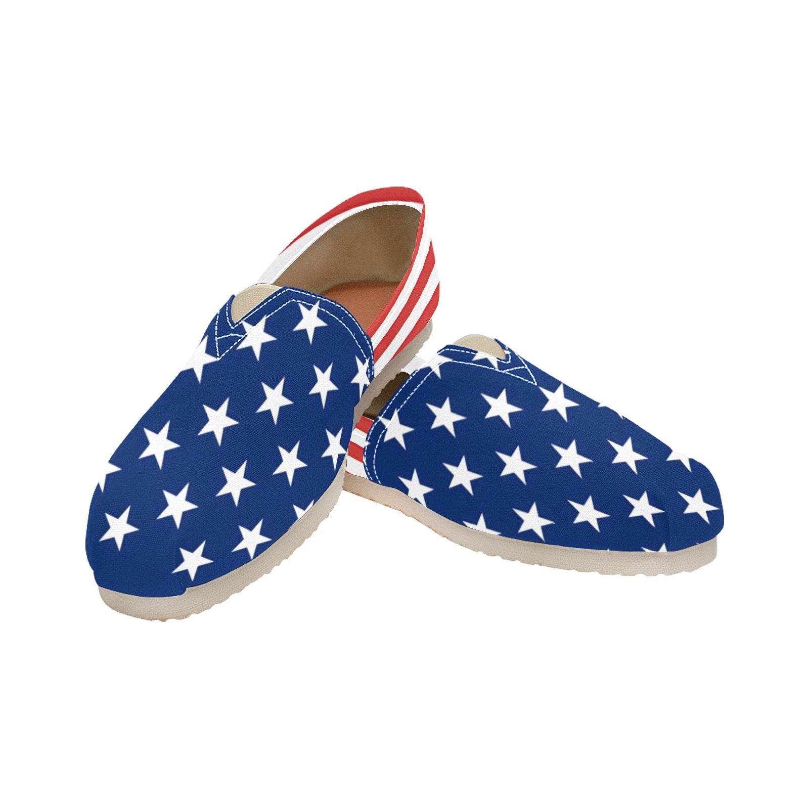 [Brand] star-spangled shoes with red and white striped heels.