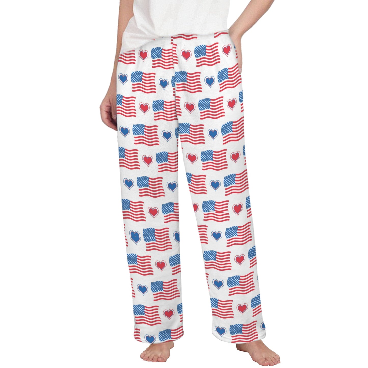 USA/American Flag Inspired Flag and Hearts Pattern Women's Flannel Pajama Trousers Made in the USA