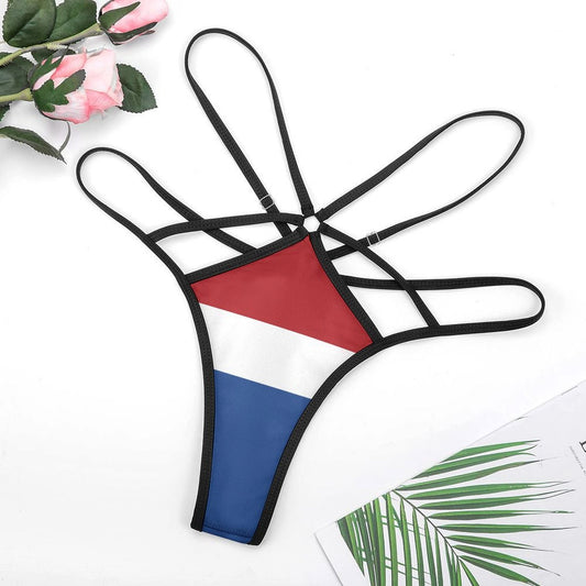 [Brand] flag-themed strappy bikini with red, white, blue design.