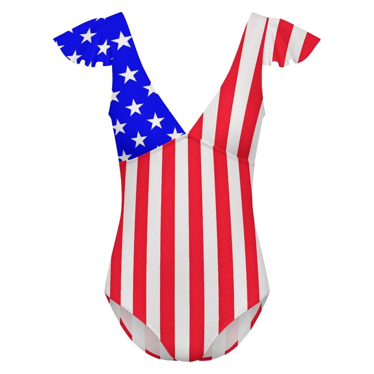 USA/American Flag Inspired Women's V-neck Ruffle Sleeve One Piece Swimsuit