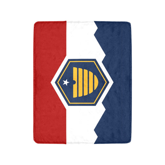 Red, white, blue patterned flag with hexagonal emblem; Luv My Flag.