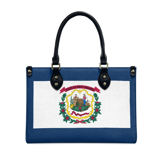 [Brand] handbag featuring West Virginia flag design, blue and white.