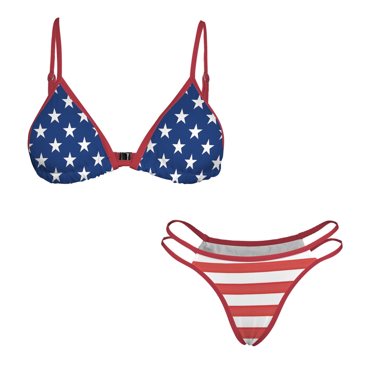USA/American Flag Inspired Stars Top/Stripes Bottom w/Red String Double-Strap Triangle Bikini Set