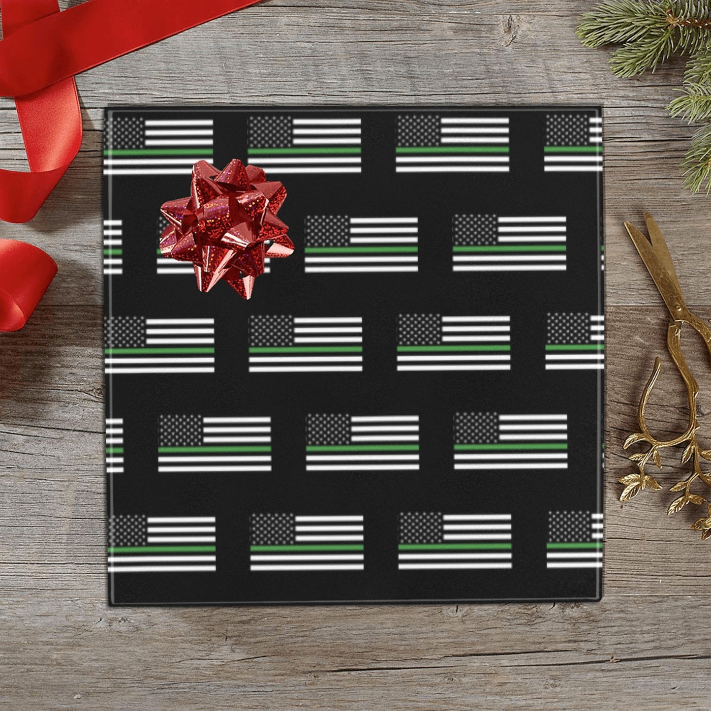 Thin Green Line Flag Inspired Custom Gift Wrapping Paper 58"x 22.5" (4 Rolls)