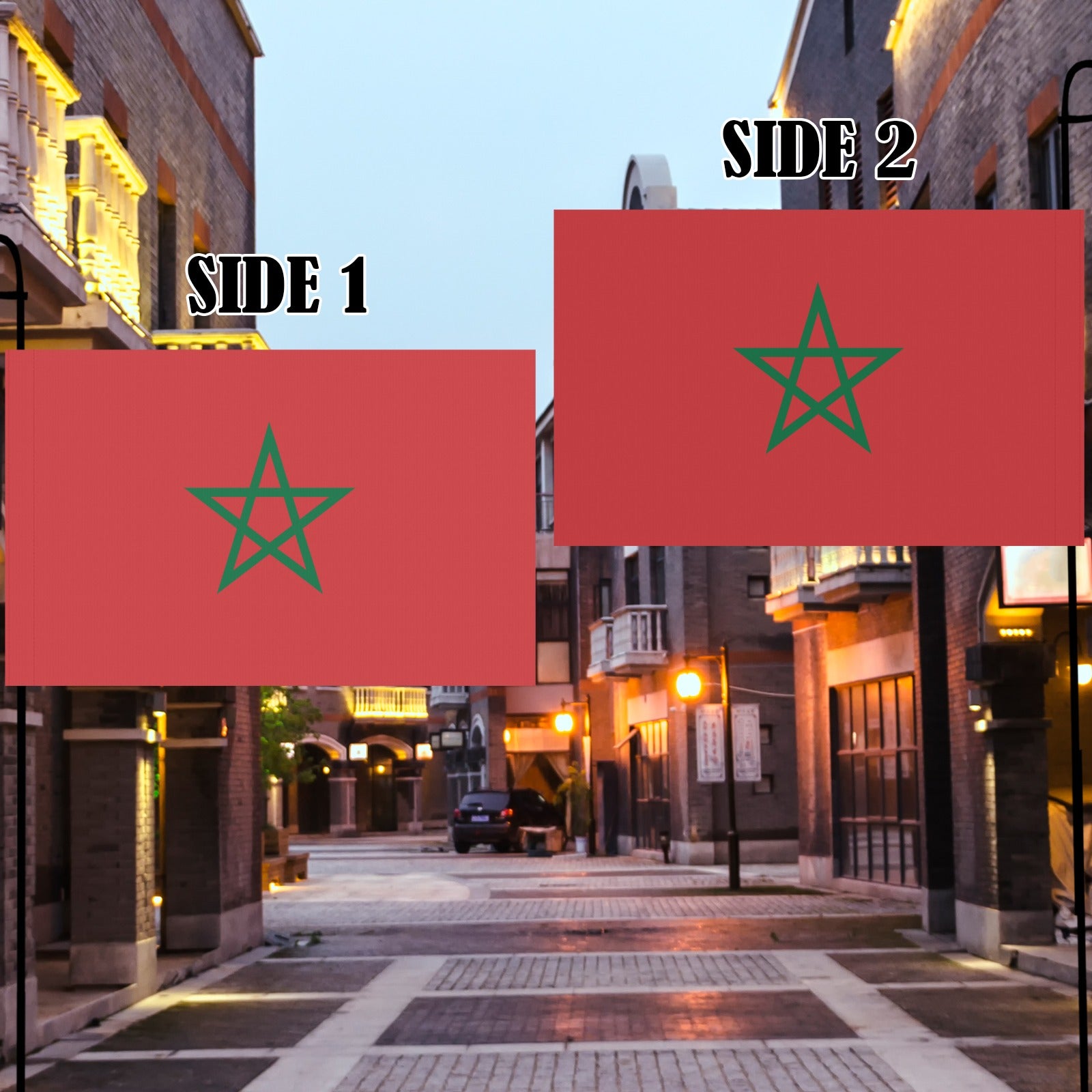 Luv My Flag Moroccan flags displayed on urban street.
