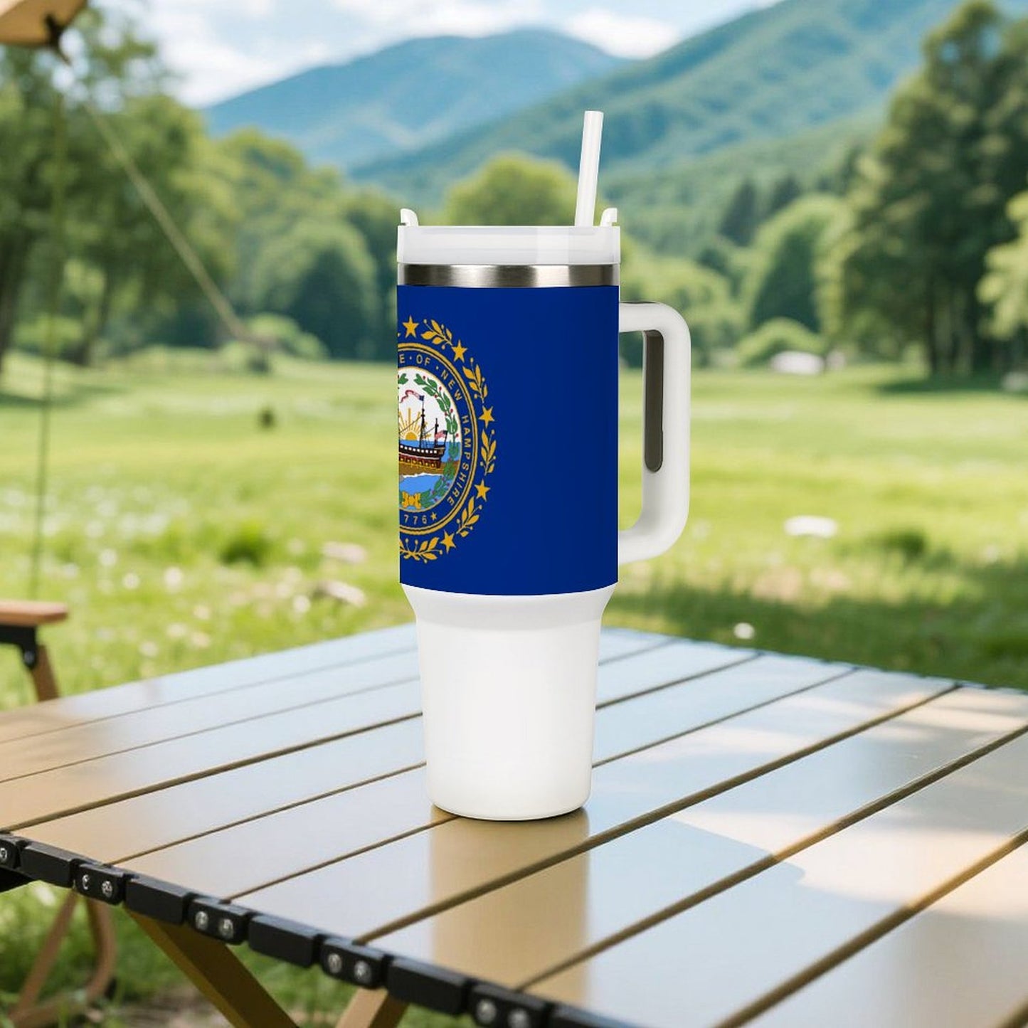 Outdoor scene with [Brand] travel mug on wooden table.