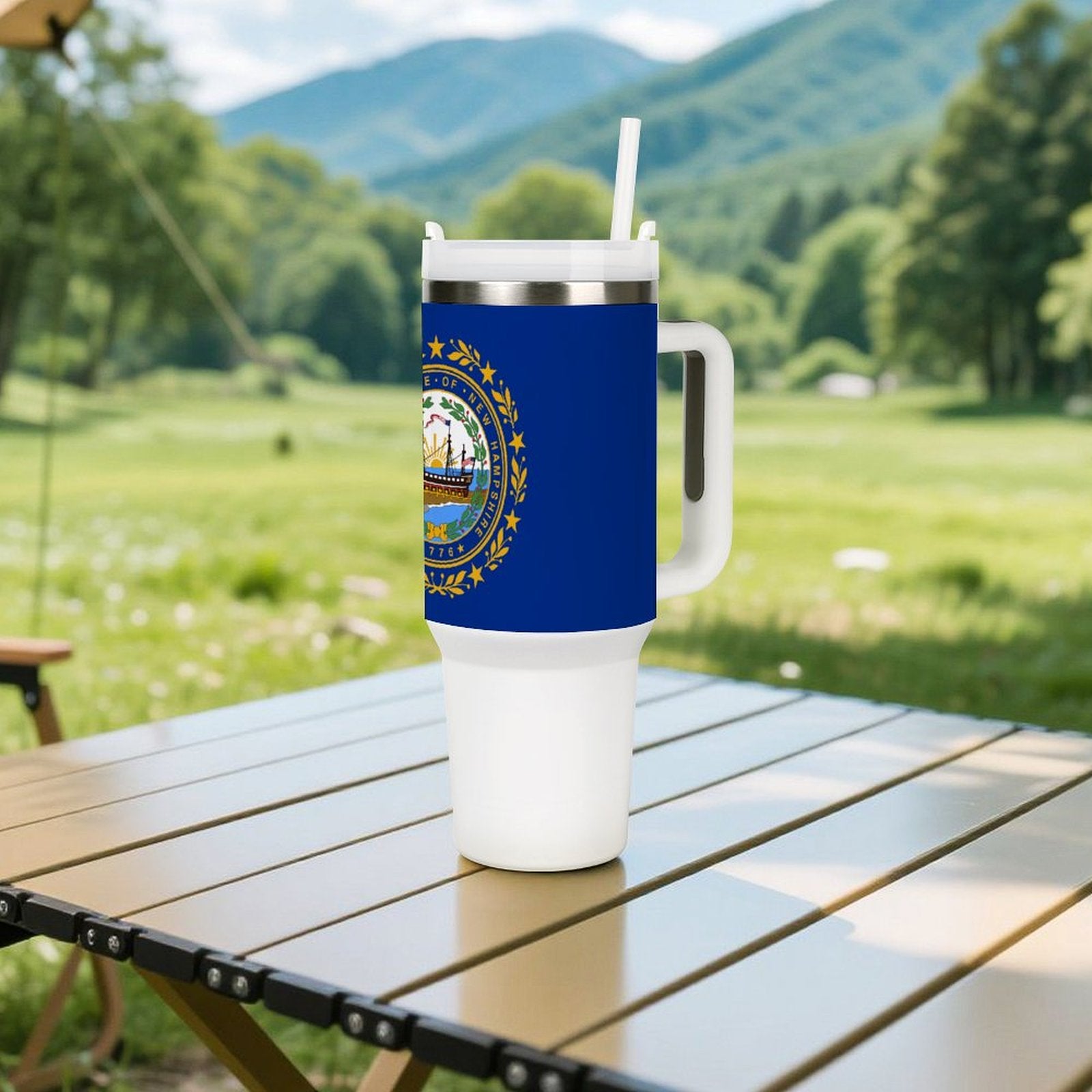 Outdoor scene with [Brand] travel mug on wooden table.