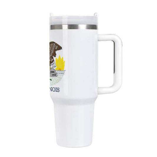 White travel mug with Illinois emblem by [Brand].