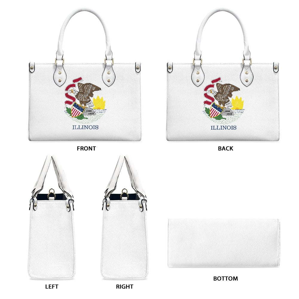 [Brand] white handbag with Illinois emblem, multiple views displayed.