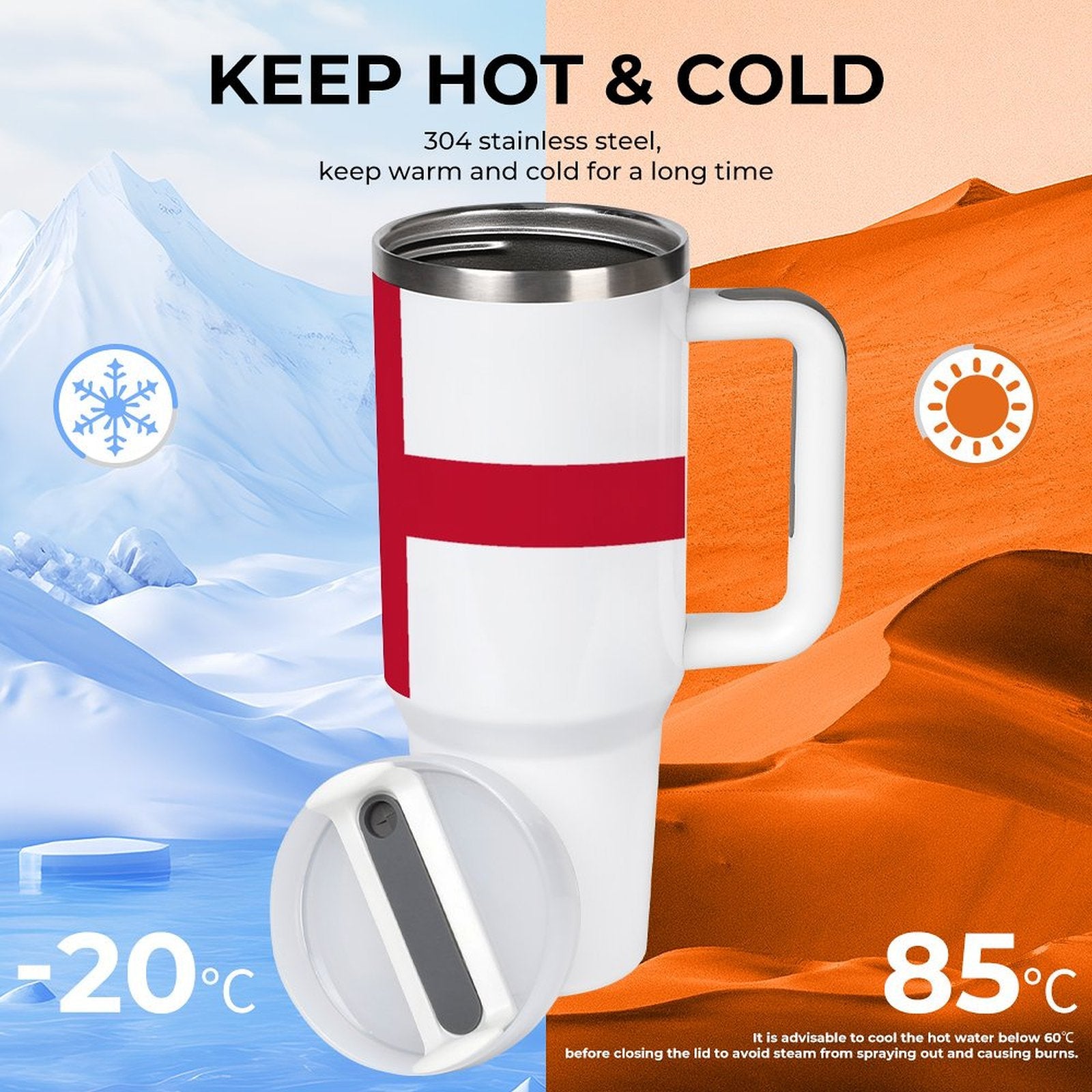 White and red tumbler by [Brand], suitable for all temperatures.