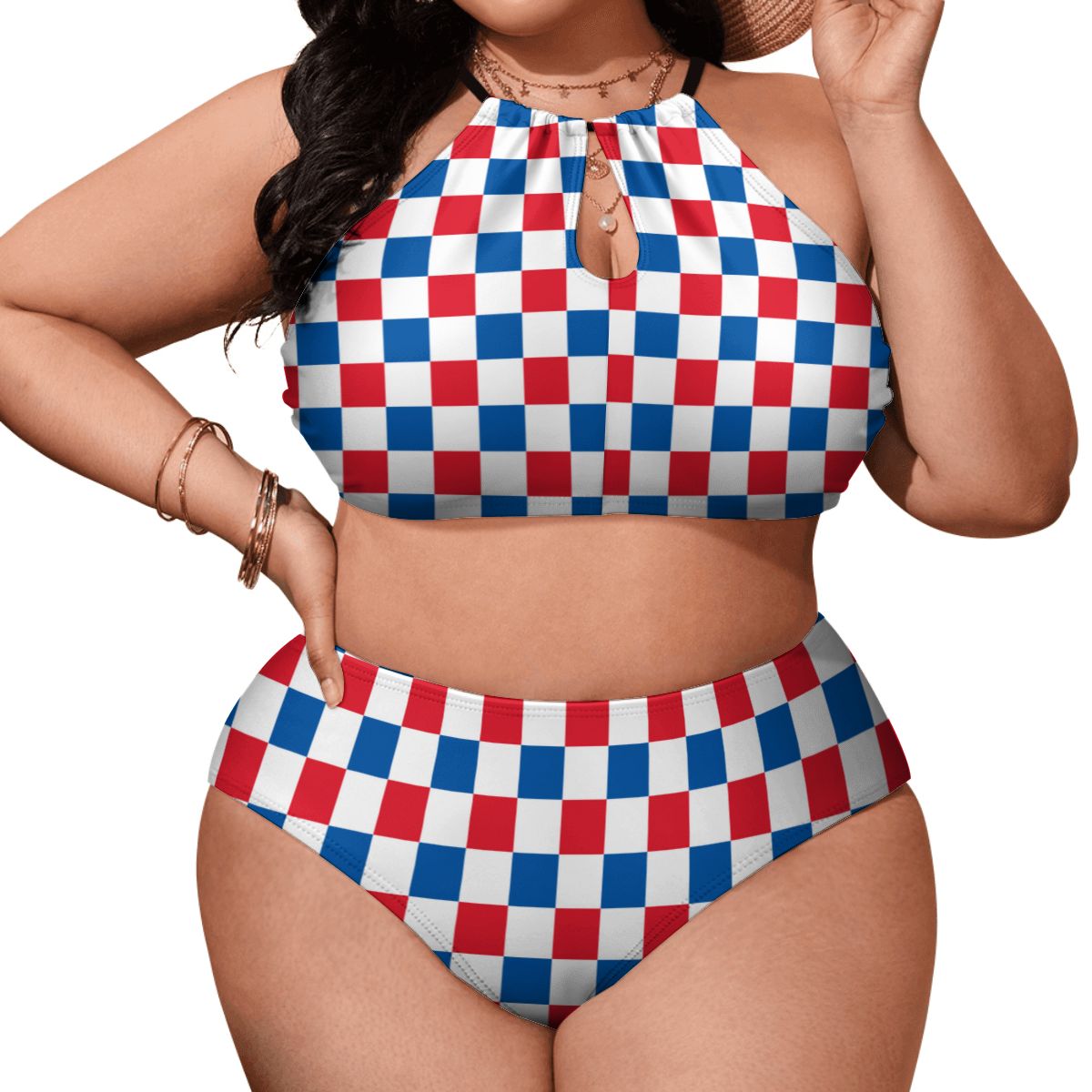 USA/American Flag Inspired Checkered Pattern Plus Size High Waisted Bikini