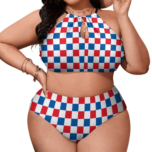 USA/American Flag Inspired Checkered Pattern Plus Size High Waisted Bikini