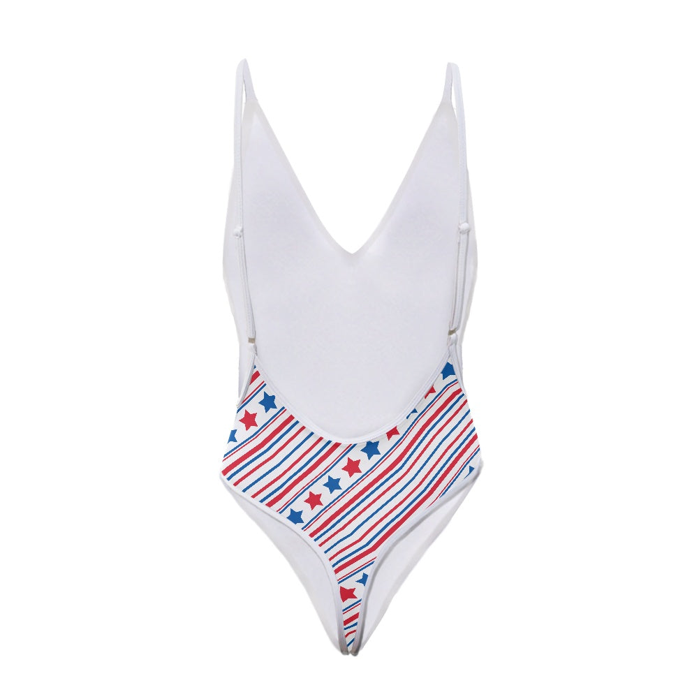 USA/American Flag Inspired Stars & Stripes Pattern One-Piece Thong Swimsuit