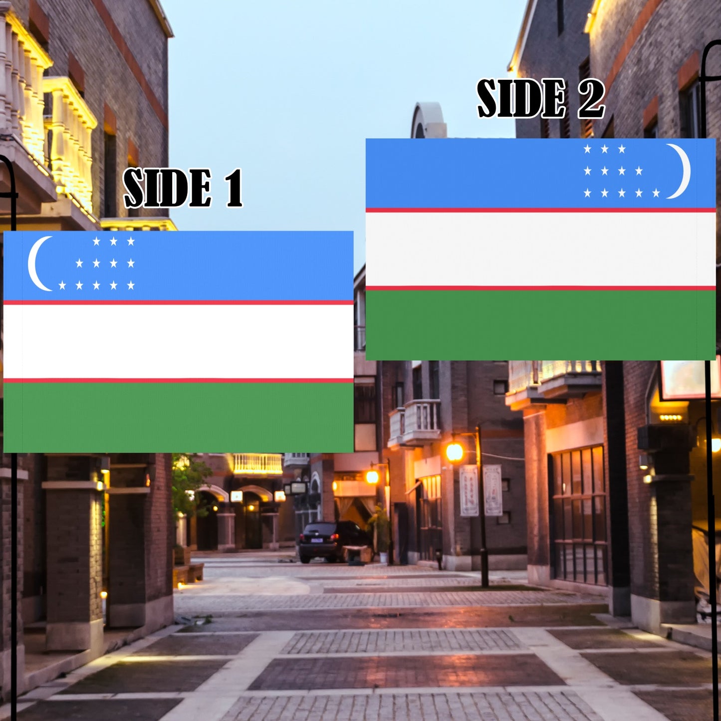 Street scene featuring two Uzbekistan flags, [Luv My Flag].