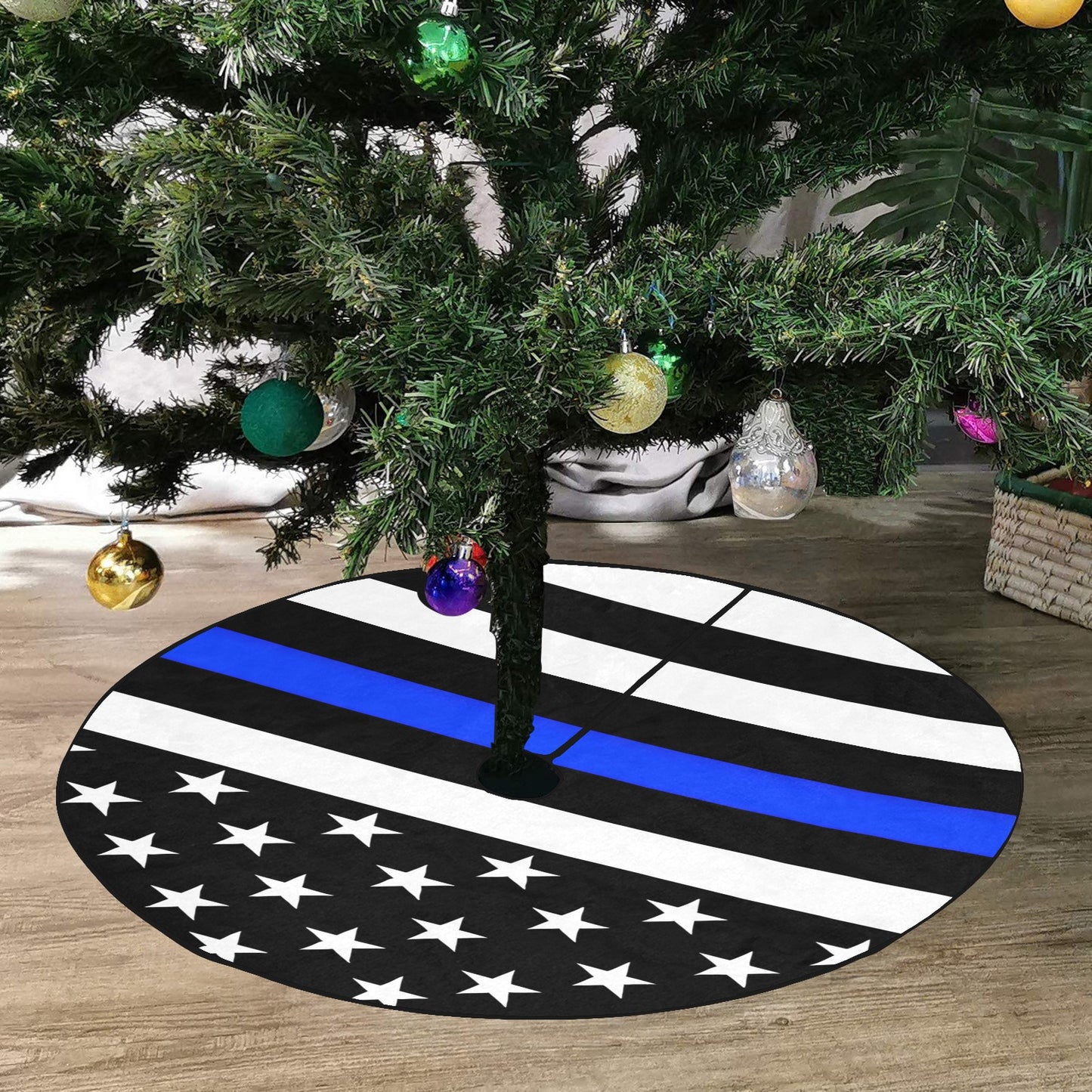Thin Blue Line Flag Thick Christmas Tree Skirt 47" x 47"