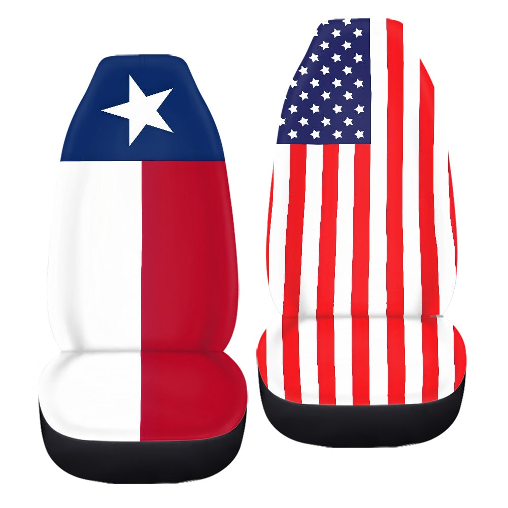 [Brand] car seats with Texas and American flag designs.
