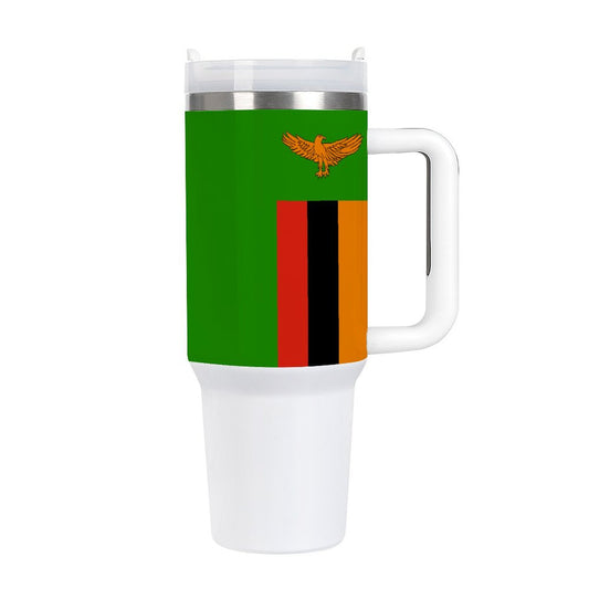 [Brand] travel mug with Zambian flag design, white base.