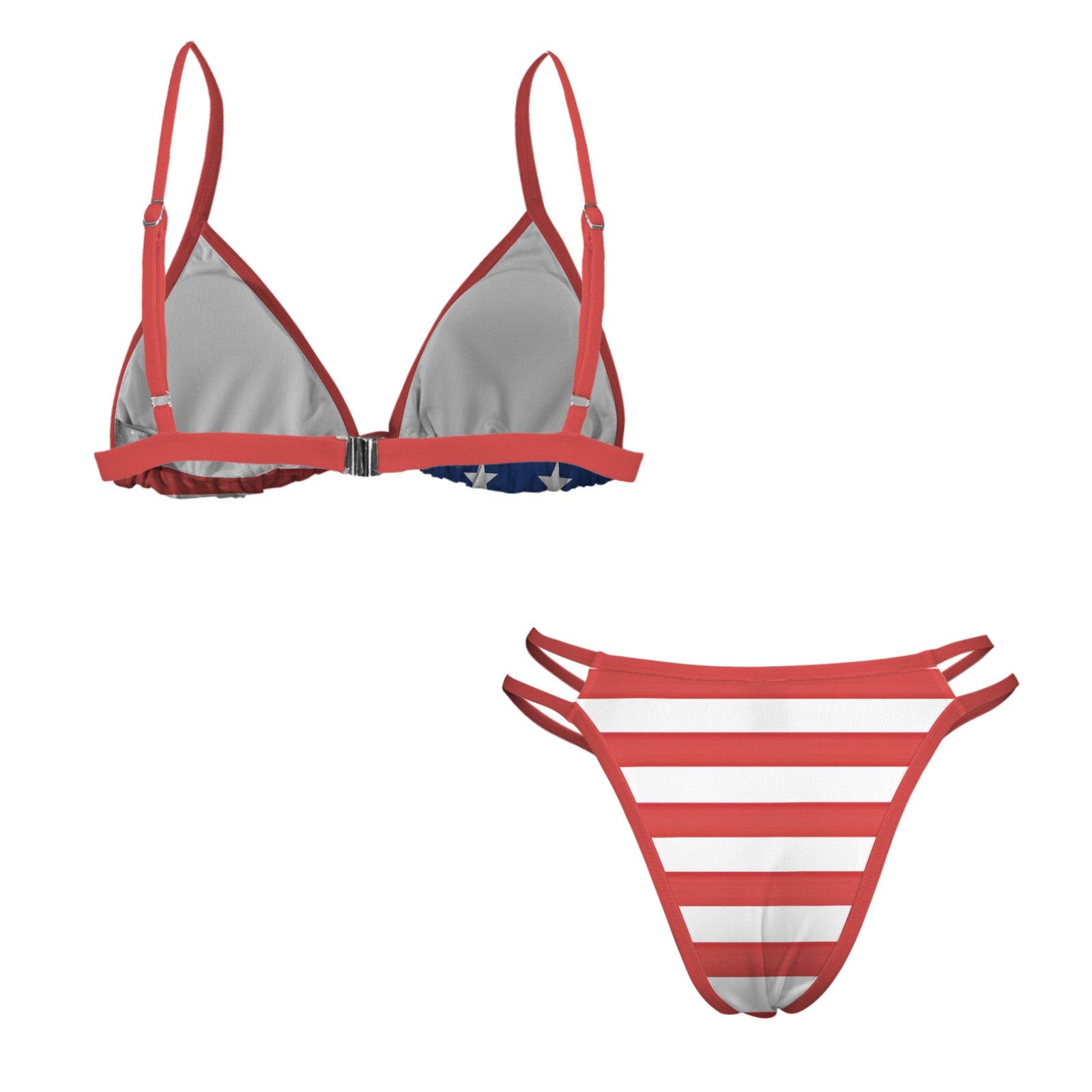 [Brand] American flag bikini with stars and stripes design.