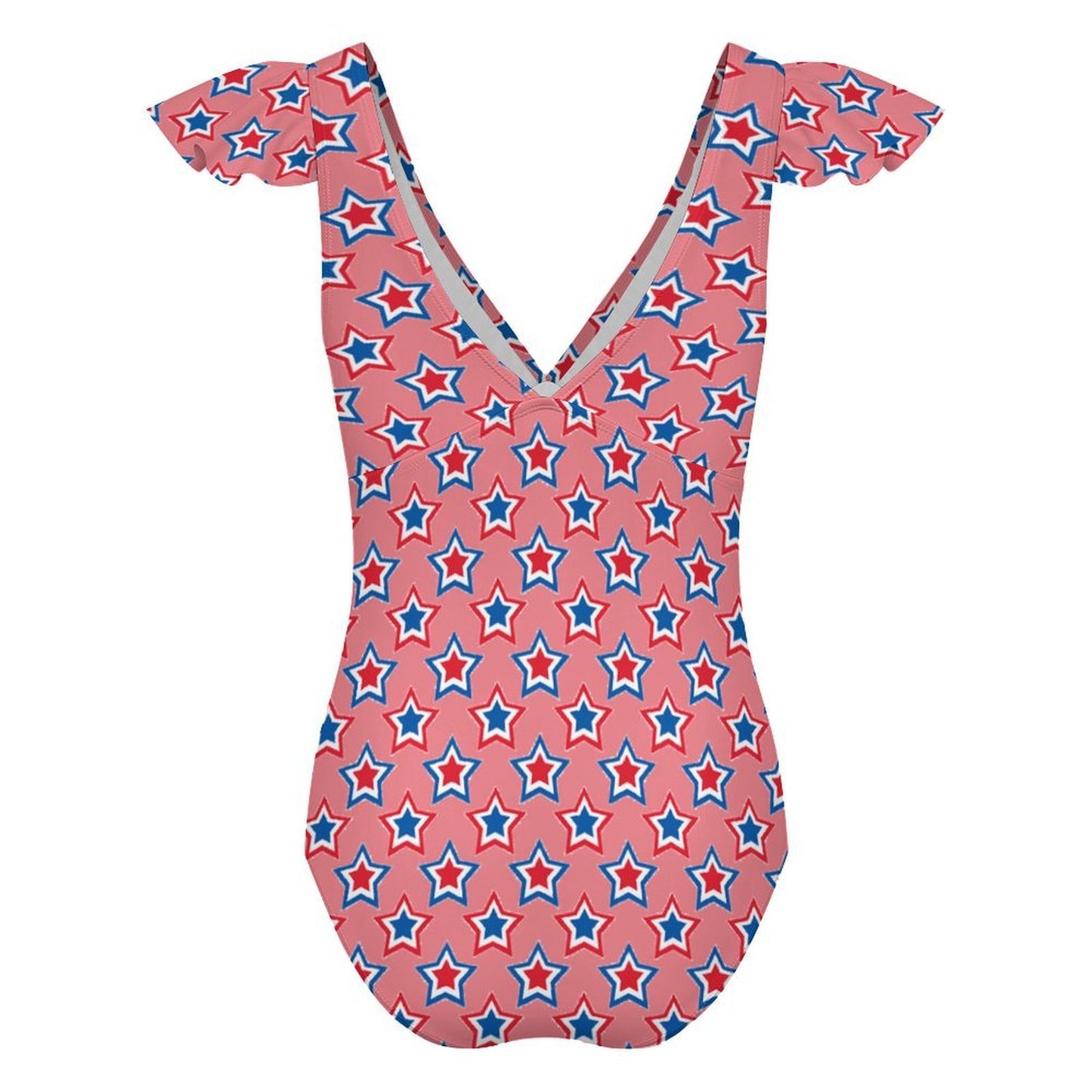 USA/American Flag Inspired Red, White & Blue Stars on Pink Women's V-neck Ruffle Sleeve One Piece Swimsuit