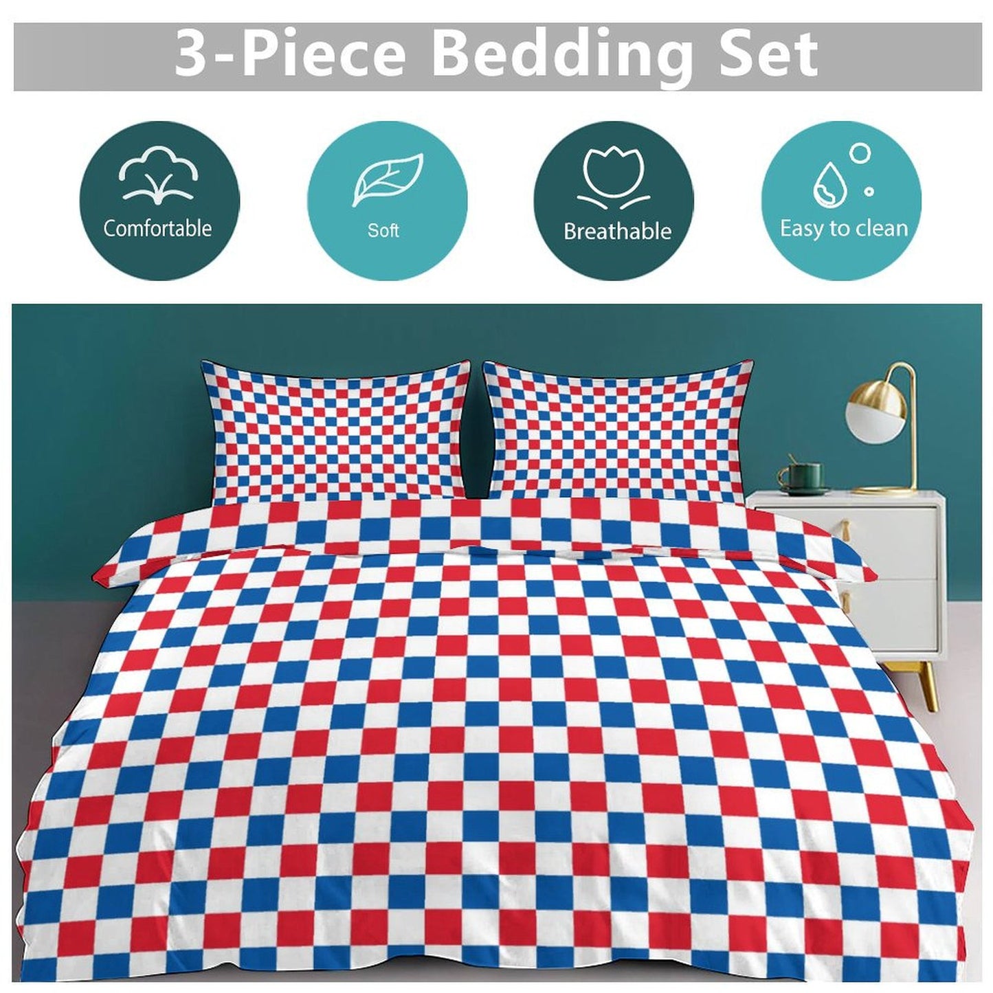 USA/American Flag Inspired Checkered Pattern 3-Piece Bedding Set (1 Duvet Cover + 2 Pillow Shams) – 102"×90"