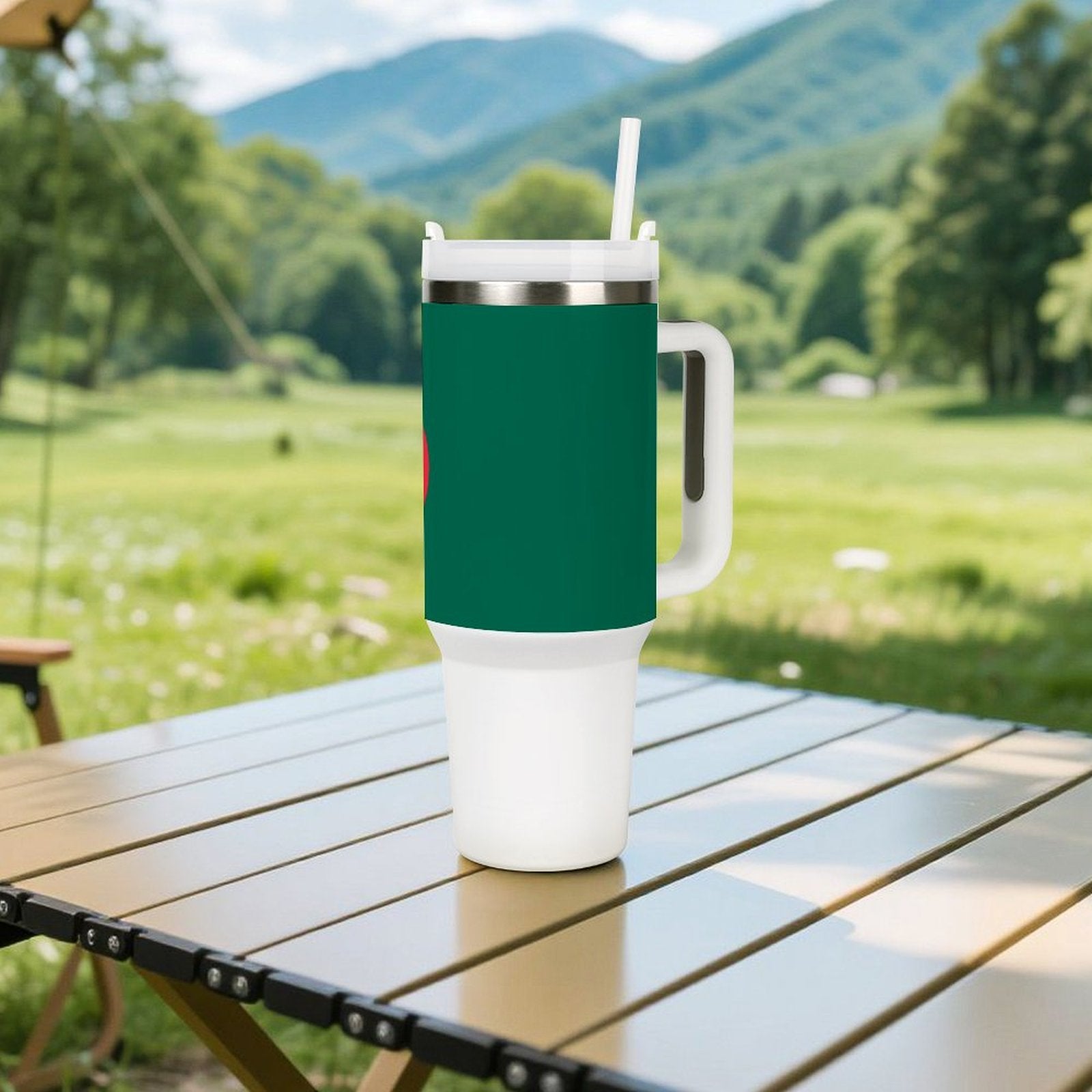 [Brand] travel mug on wooden table, scenic mountain background.