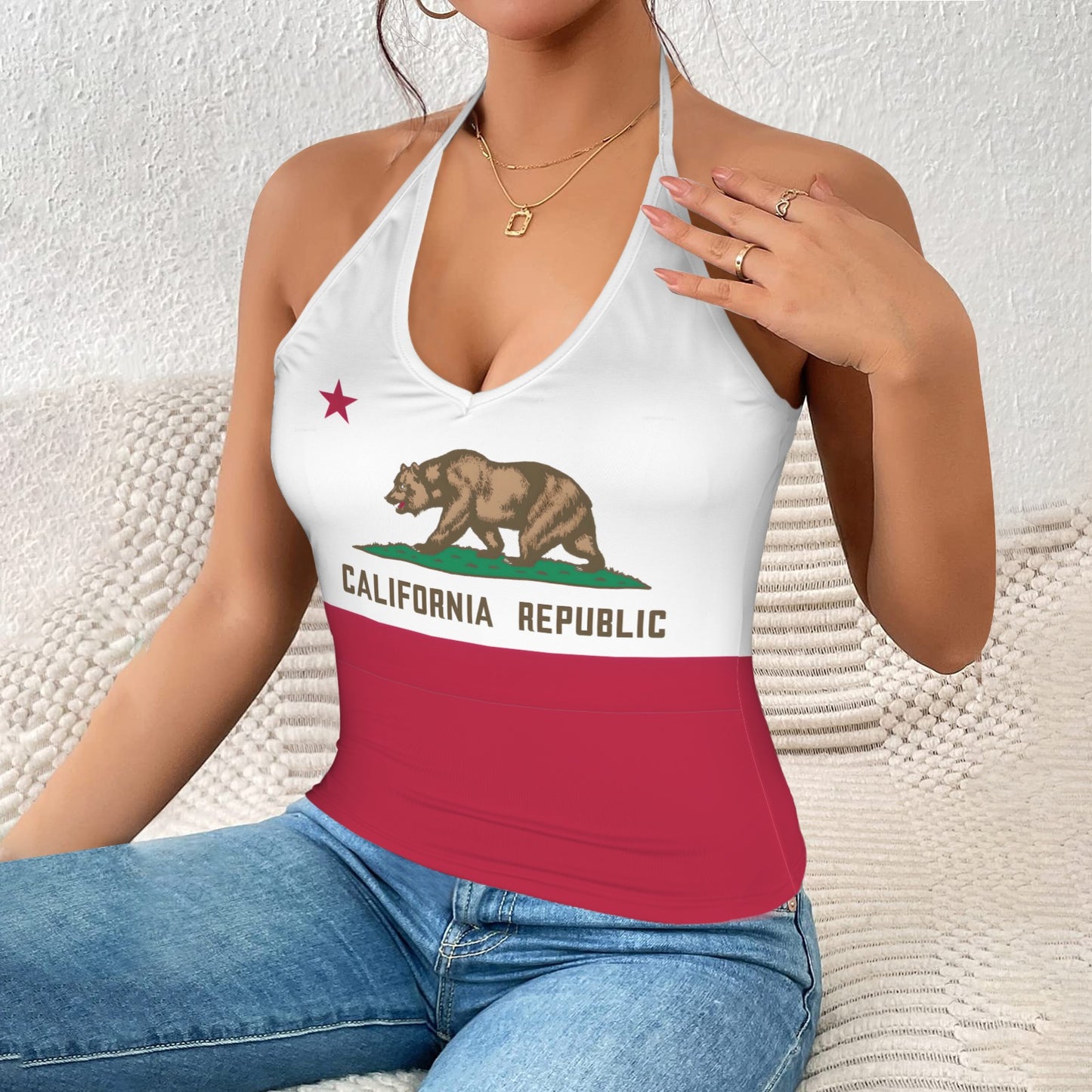 California Flag Inspired V-neck Halter Open Back Tank Top
