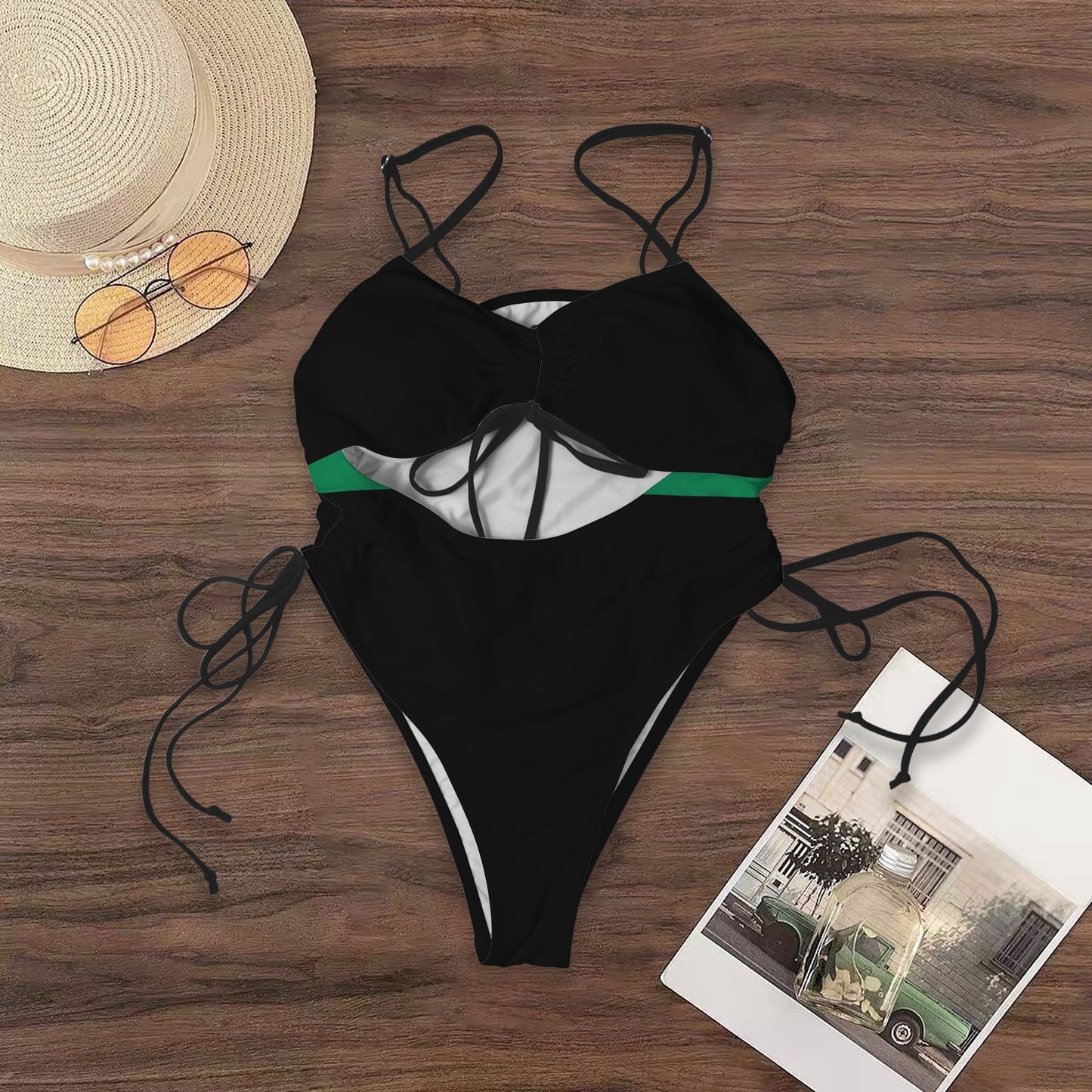 Thin Green Line Flag Inspired Women's Drawstring Cutout One Piece Swimsuit