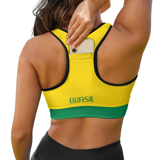 Brazil Flag Inspired Women’s Sports Bra with Back Pocket – Black or White Trim - Luv My Flag