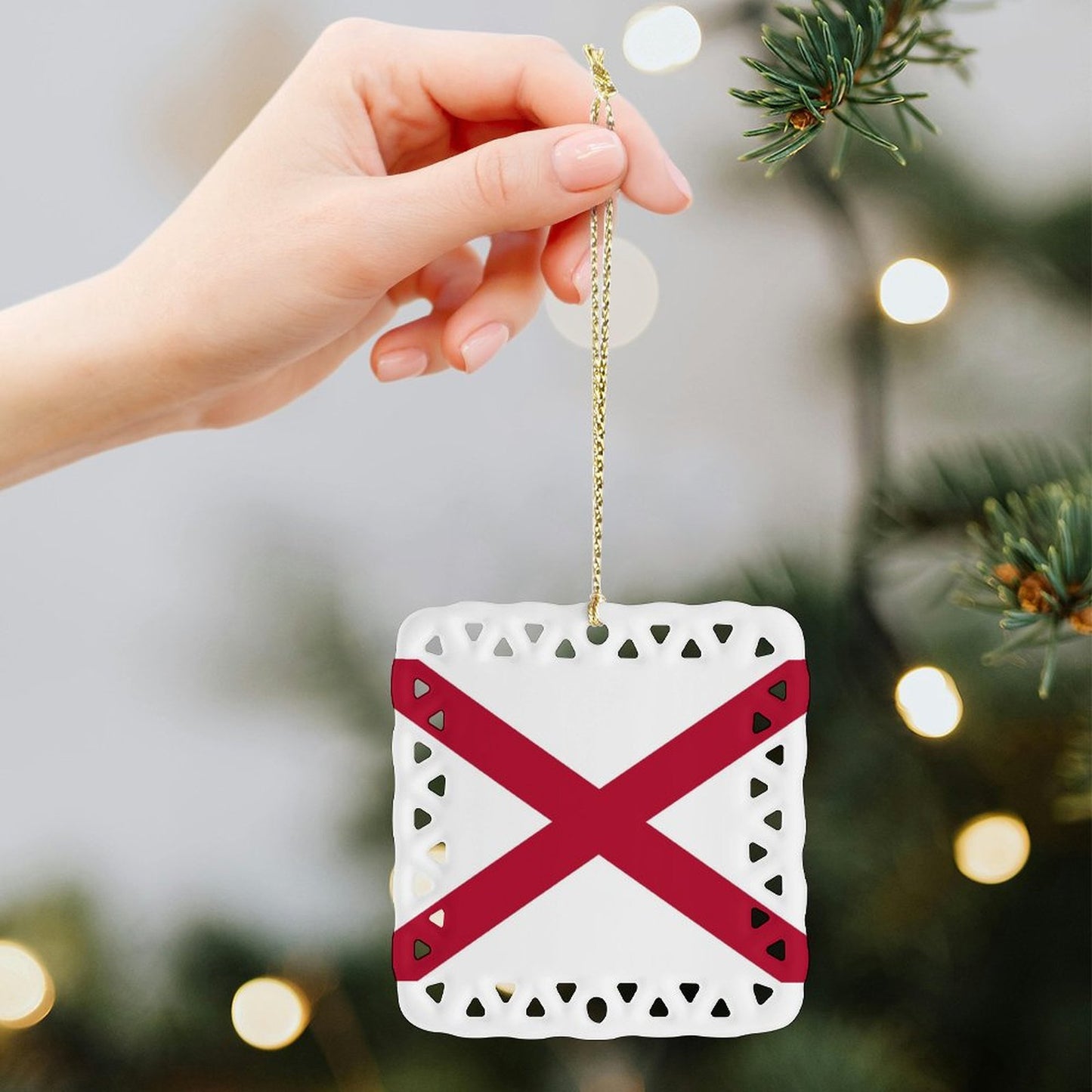 Alabama Flag Inspired Square Ceramic Ornament Made in the USA