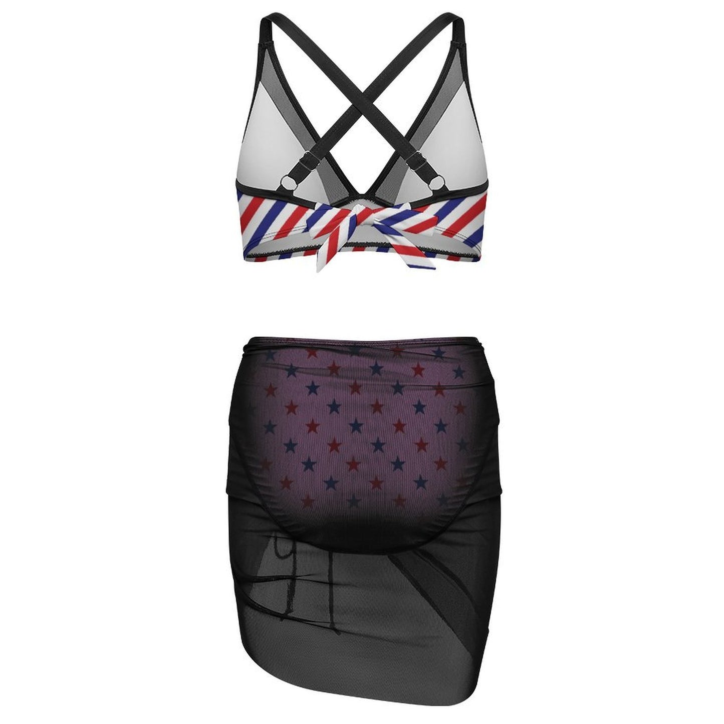 USA/American Flag Inspired Red & Blue Stars & Stripes Pattern Women's Mesh Drawstring Skirt and Swimsuit Set