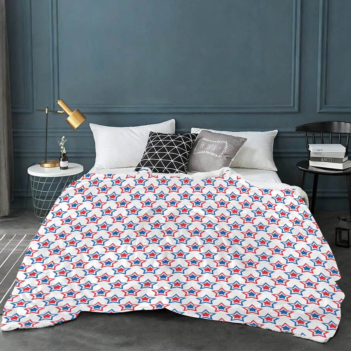 USA/American Flag Inspired Red, White & Blue Stars Pattern Sherpa Fleece Blanket 90" x 108" | Prtinted in the USA