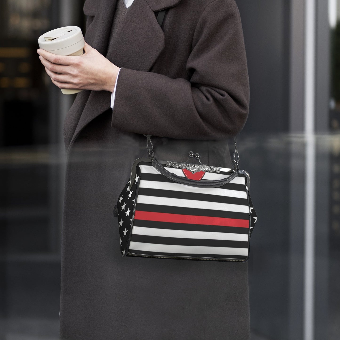 Thin Red Line Flag Inspired Kisslock Crossbody Shoulder Bag