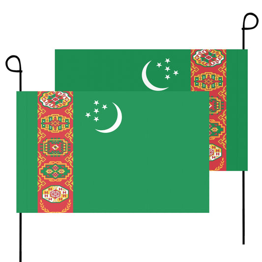 Two green Turkmenistan flags with designs, by Luv My Flag.