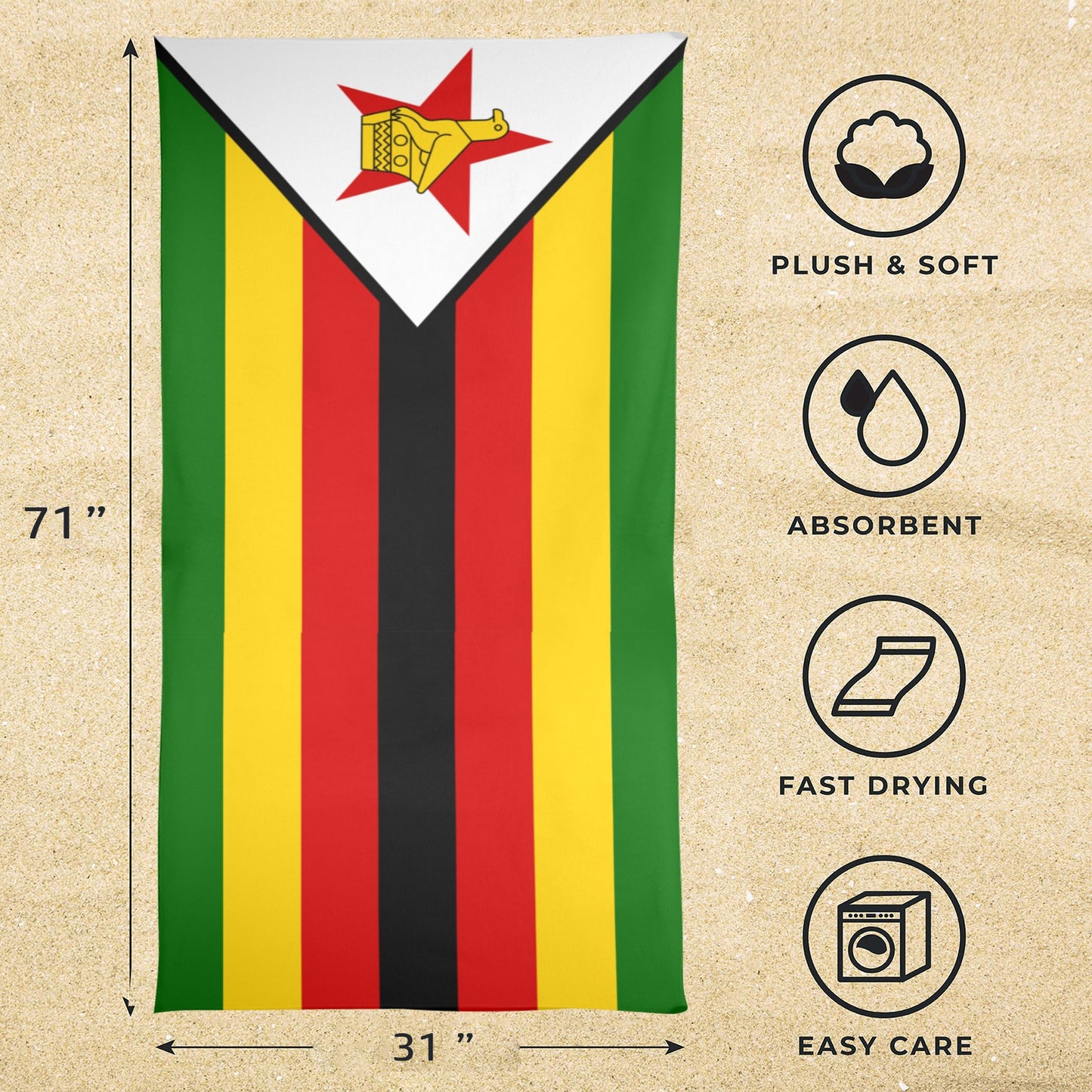 Zimbabwe Flag Beach Towel 31"x71" (Made in USA)