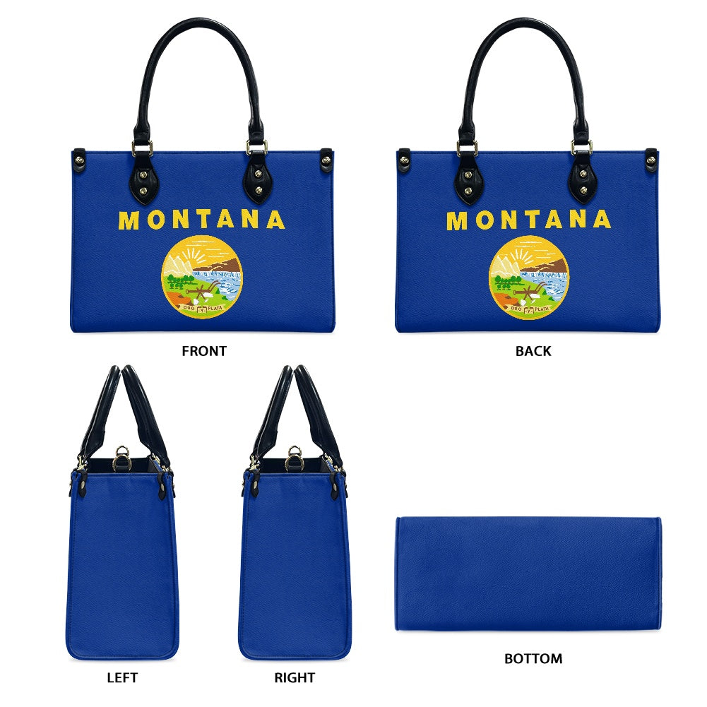 [Brand] blue handbag with "Montana" and colorful seal.
