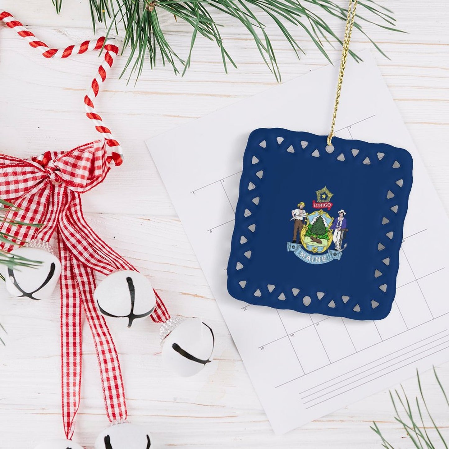Maine Flag Inspired Square Ceramic Ornament Made in the USA