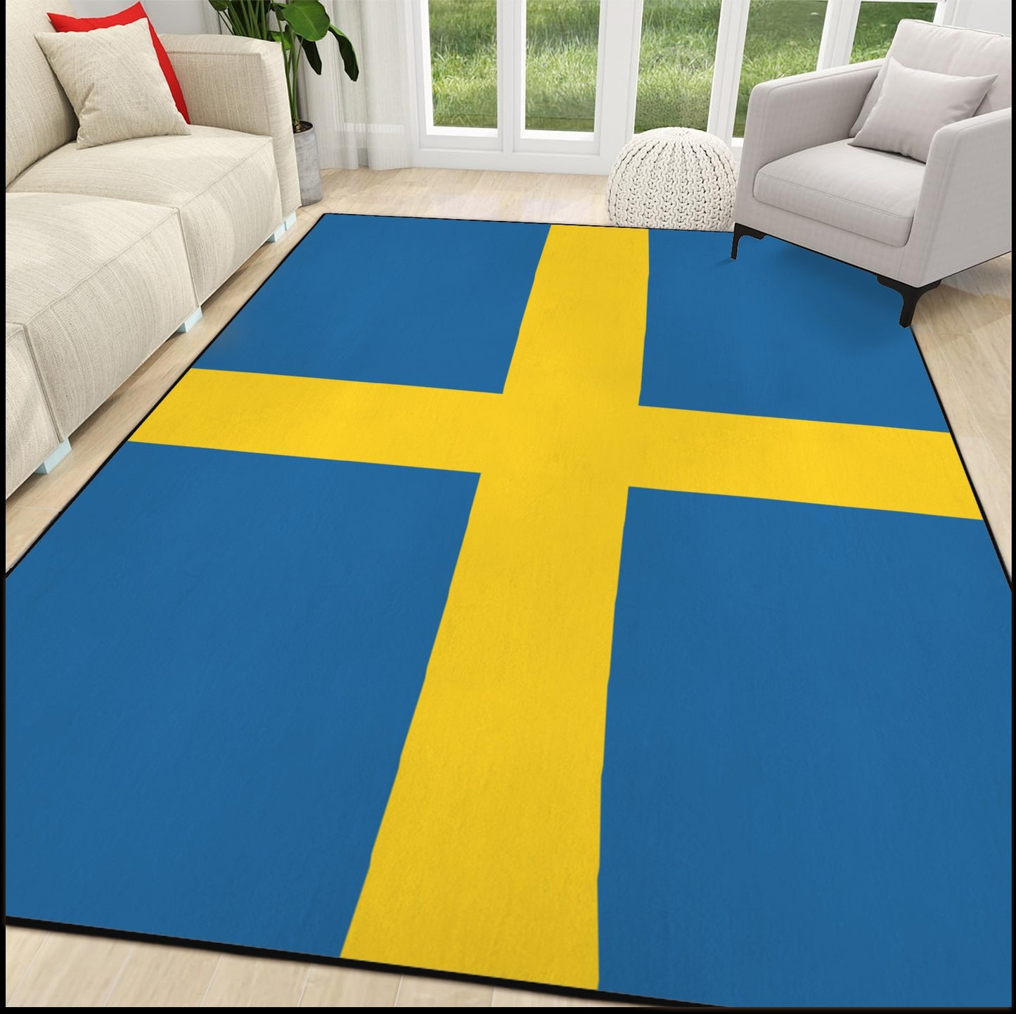 Sweden Flag Inspired 84x60 Inch Area Rug with Black Binding (Made in the USA)